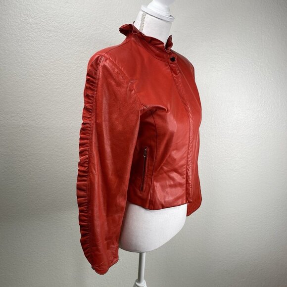 Vintage Triangles - Tannery West Jacket Womens Red Sz 5 Leather Ruffle 80's 90's - Picture 7 of 16